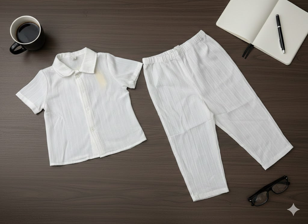 Boys 2 Pcs - White Linen Patterned Shirt + Trousers