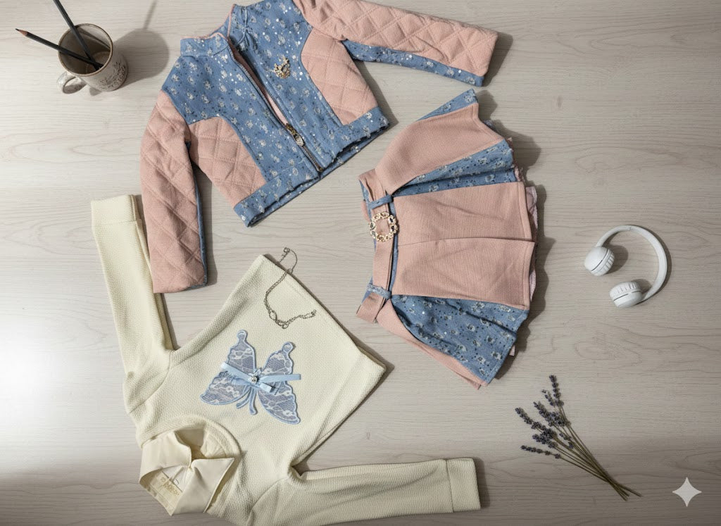 3Pcs Set - Denim/Pink Fashionable Skirt + Cream Butterfly top + Denim Jacket