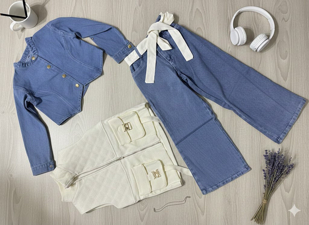 3Pcs Set - Leather Fashionable Jeans + Leather Waist Coat + Jacket