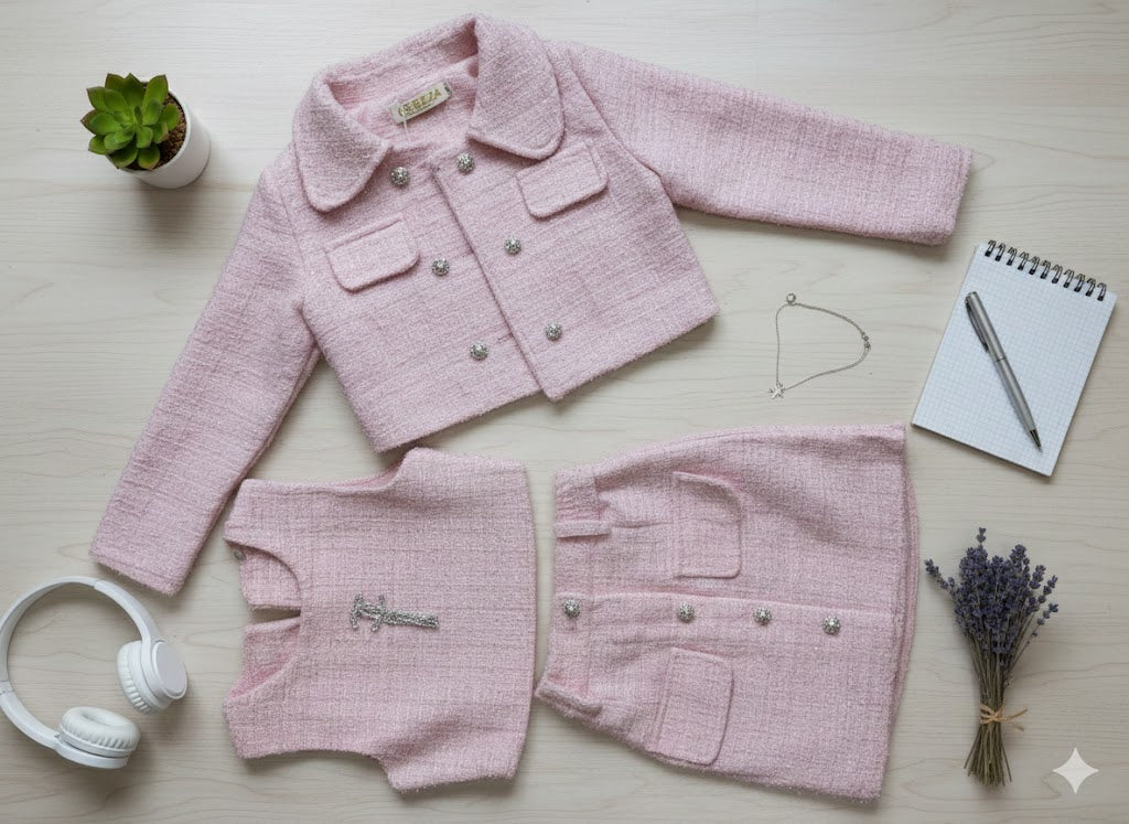 3Pcs Set - All Pink Fashionable Jacket + Flossy Skirt + Vest