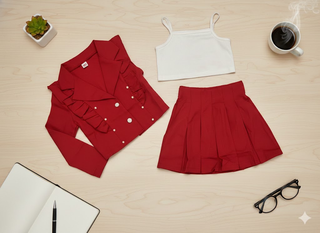 3Pcs Set - Red Flair Skirt + White Top + Red Classy Coat