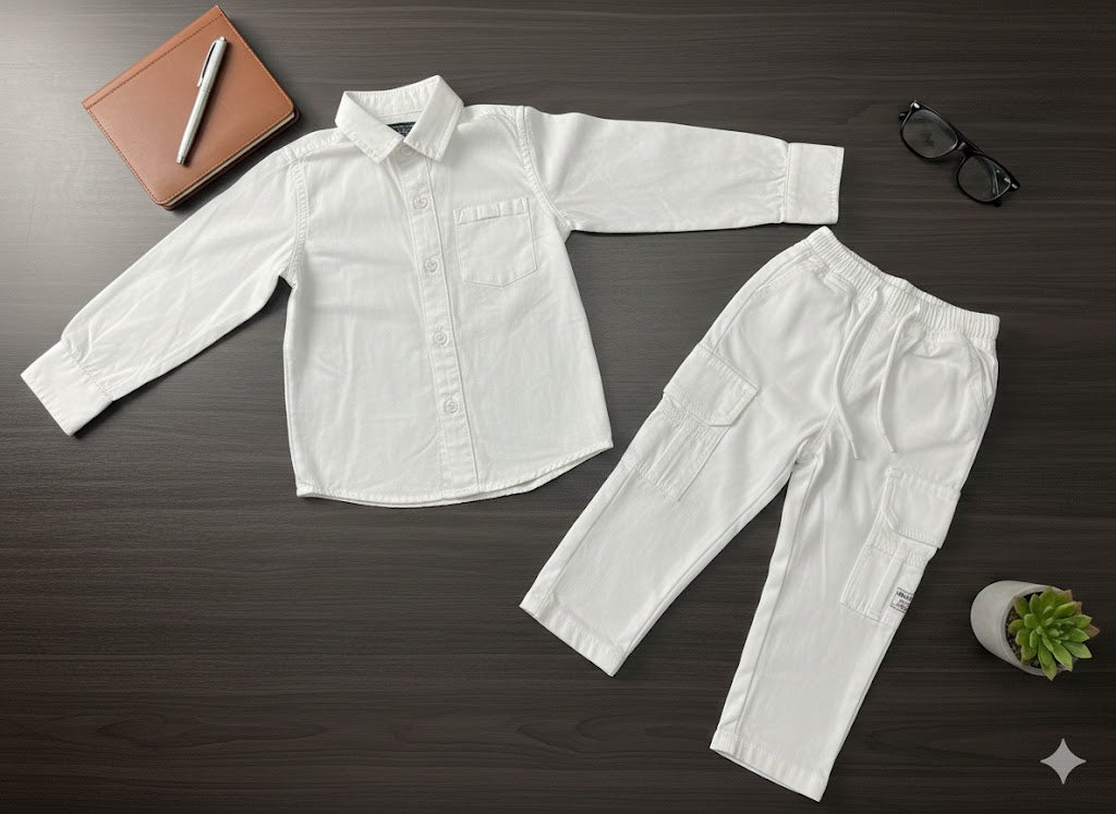 Boys 2 Pcs - All White Long Sleeve Shirts + Side pocket Trousers