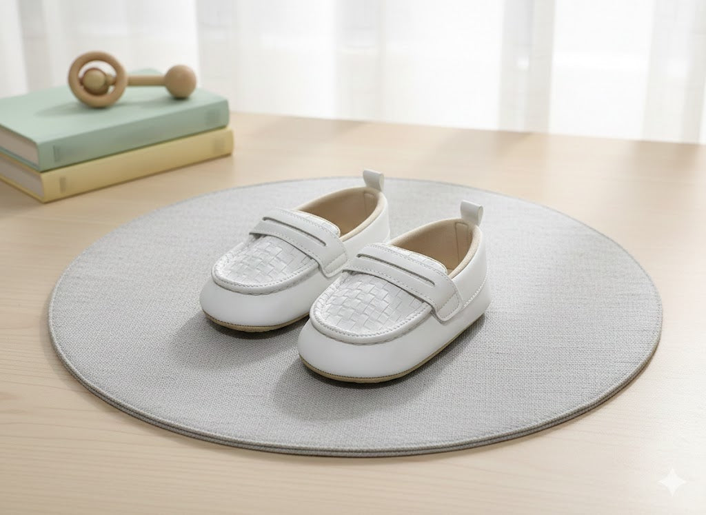 New Born - Boys White Loafer with Mess design
