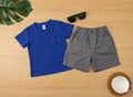Boys 2 Pcs - Blue Tee + Grey Linen Cotton Shorts + Glasses