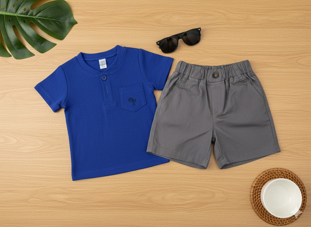 Boys 2 Pcs - Blue Tee + Grey Linen Cotton Shorts + Glasses