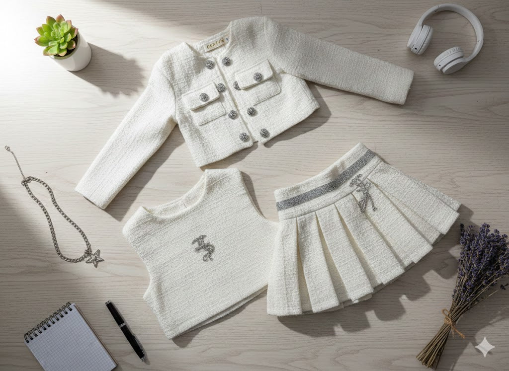 3Pcs Set - All White Fashionable Jacket + Flossy Skirt + Vest