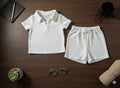 Boys 2 Pcs - White Linen Patterned Shirt + Shorts