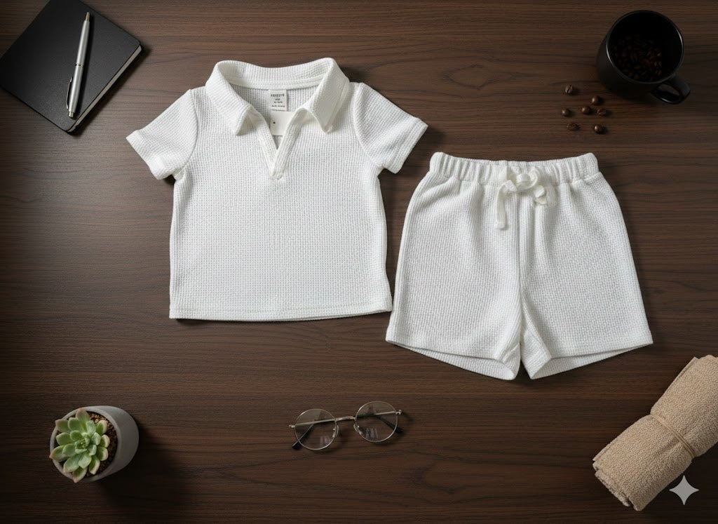 Boys 2 Pcs - White Linen Patterned Shirt + Shorts