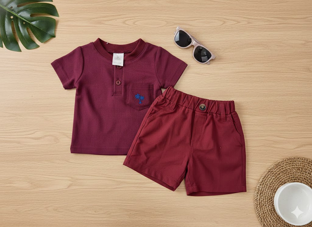 Boys 2 Pcs - New Born Wine Shorts + Chinese Neck Tee