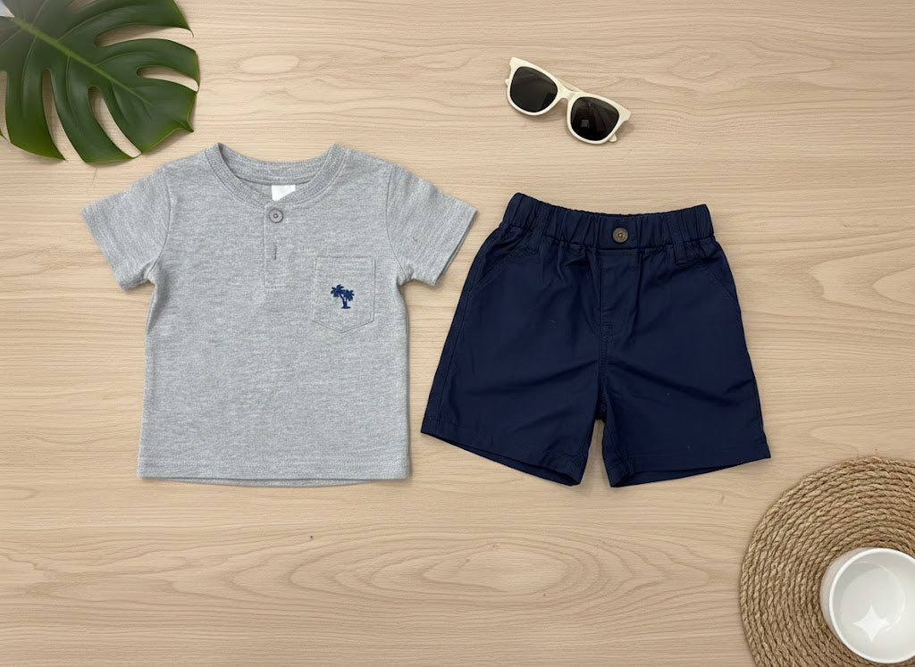 Boys 2 Pcs - Dark Blue Shorts + Grey tee