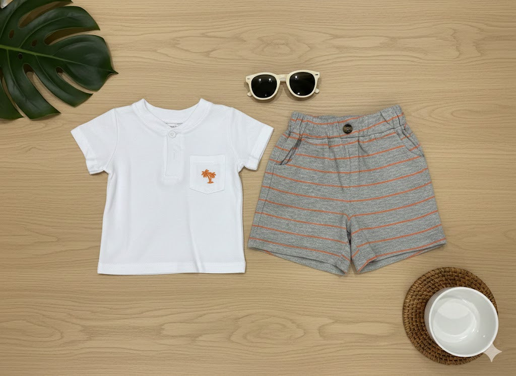 Boys 2 Pcs - White Shirt + Grey Shorts