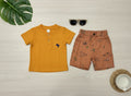 New Born Boys 2 Pcs - Curry Shirt + Brown Patterned Shorts