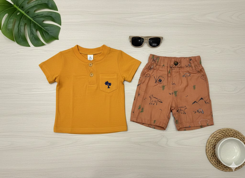 New Born Boys 2 Pcs - Curry Shirt + Brown Patterned Shorts