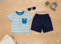 New Born 2 Pcs - Dark Blue Shorts + White/Blue Stripped Tee