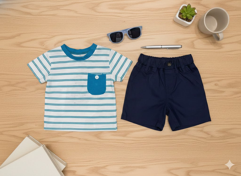 New Born 2 Pcs - Dark Blue Shorts + White/Blue Stripped Tee