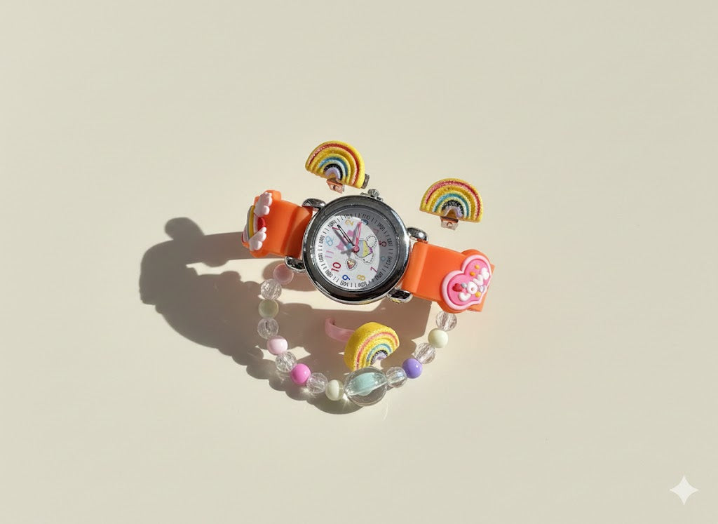 Girls Watches - Orange Strap with One colourful Bangle