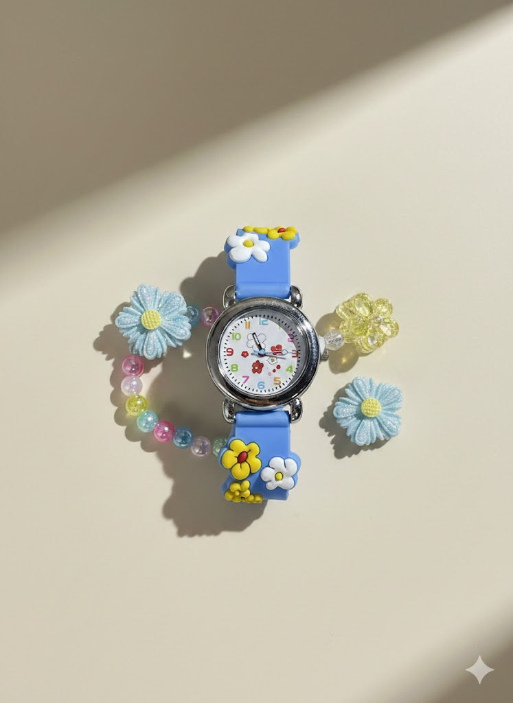 Girls Watches - Blue Strap with One Flowery Bangle