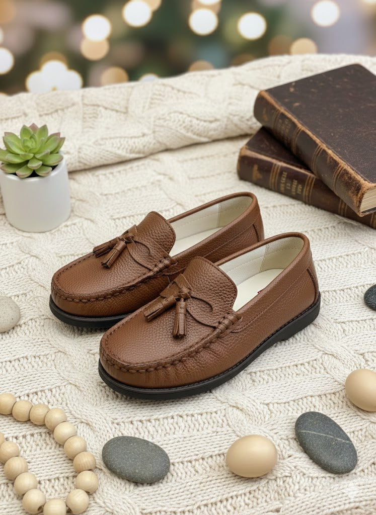 Kids Trendy Leather Loafers - (Brown)