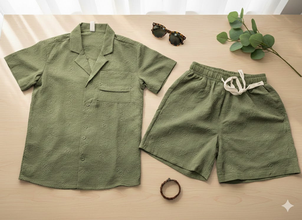 Boys 2 Pcs - Green Linen Shirt + Shorts